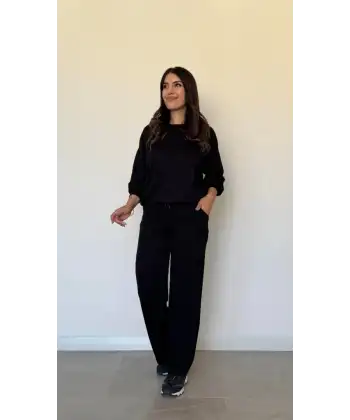 Kadın Uzun Kollu Bisiklet Yaka Viskon Iki Iplik Bluz Ve Pantolon Ikili Takım