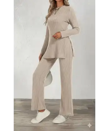 Kadın Uzun Kollu Bisiklet Yaka Yandan Yırtmaçlı şardonlu Kaşkorse Bluz Ve Pantolon Ikili Takım