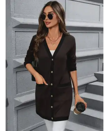 Kadın Uzun Kollu Cepli önden Düğmeli Uzun Modal Ceket Hırka