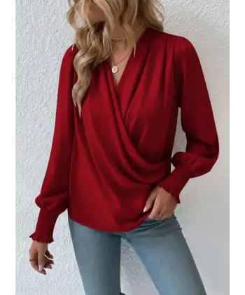 Kadın Uzun Kollu Dökümlü Kruvaze Yaka Kol Ucu Gipeli Sandy Bluz