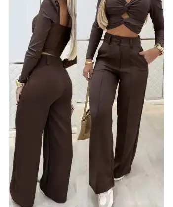 Kadın Uzun Kollu Göğüs Dekolteli Ithal Krep Bluz Ve Pantolon Ikili Takım