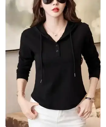 Kadın Uzun Kollu Kapşonlu Bağcıklı Düğmeli Viskon Iki Iplik Bluz