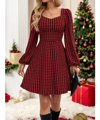 Kadın Uzun Kollu Kare Kalp Yakalı Mini Modal Elbise