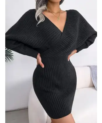 Kadın Uzun Kollu Kruvaze Geniş Yakalı Mini Triko Elbise