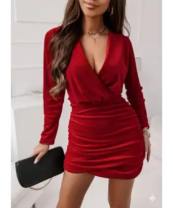 Kadın Uzun Kollu Kruvaze Yaka Yandan Büzgülü Mini Ithal Krep Elbise