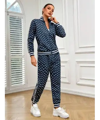 Kadın Uzun Kollu önden Fermuarlı Desenli Iki Iplik Bluz Ve Pantolon Ikili Takım