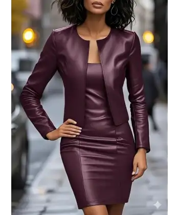 Kadın Uzun Kollu önü Açık Deri Ceket Ve Askılı Yuvarlak Yakalı Mini Elbise Ikili Takım