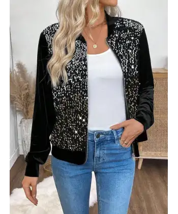 Kadın Uzun Kollu önü Açık Fermuarlı Pulpayetli Kadife Ceket