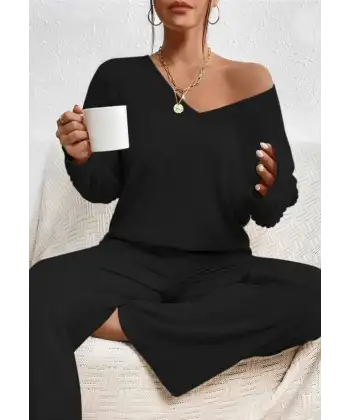 Kadın Uzun Kollu V Yakalı şardonlu Kaşkorse Bluz Ve Pantolon Ikili Takım