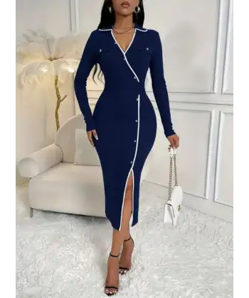 Kadın Uzun Kollu Yakalı Cepli Düğmeli Yırtmaç Detaylı Modal Uzun Elbise