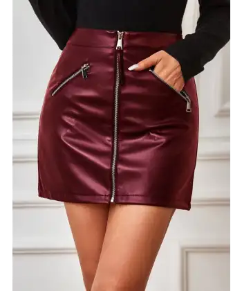 Kadın Yüksek Bel Fermuarlı Mini Deri Etek