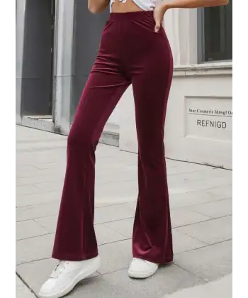 Kadın Yüksek Bel Paçaya Doğru Genişleyen Kadife Pantolon