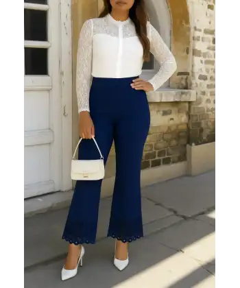 Kadın Yüksek Bel Paçaya Doğru Genişleyen Lazer çiçek Kesim Detaylı Ithal Krep Pantolon