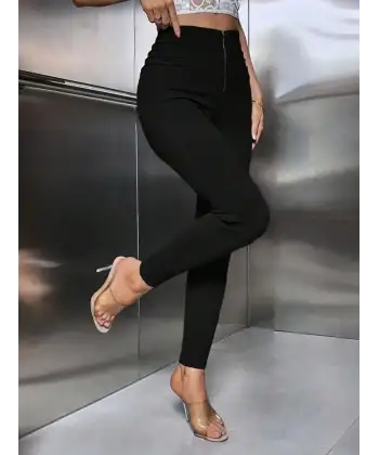 Kadın Yüksek Belli önden Fermuar Ve Nervur Detaylı Dalgıç Tayt