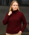 Balıkcı Yaka Bağazlı Triko Kazak Pamuklu Kalın Fitilli Dokuma - Bordo