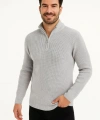 Erkek Yarım Fermuarlı Triko Kazak – Selanik Örgü, Dik Yaka, Pamuklu Dokuma, Regular Fit Uzun Kollu Kışlık Model - Gri