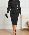 Kadın Uzun Kollu Bisiklet Yaka Beli Kuşaklı Ithal Krep Midi Elbise