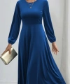 Kadın Uzun Kollu Bisiklet Yaka Midi Kadife Mavi Elbise