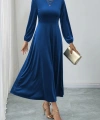 Kadın Uzun Kollu Bisiklet Yaka Midi Kadife Mavi Elbise