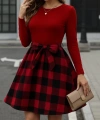 Kadın Uzun Kollu Bisiklet Yaka üst Viskon Alt Ekose Kısa Elbise