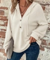 Kadın Uzun Kollu Kapşonlu önü Düğmeli Ve Bağcıklı Waffle Bluz