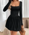Kadın Uzun Kollu Kare Yaka Mini Balon Modal Elbise