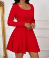 Kadın Uzun Kollu Kare Yakalı Mini Ithal Krep Elbise