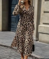 Kadın Uzun Kollu Kruvaze Yaka Belden Oturtmalı Midi Modal Leopar Desenli Elbise