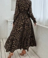 Kadın Uzun Kollu Kruvaze Yaka Leopar Desenli Uzun Süprem Elbise