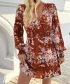 Kadın Uzun Kollu Kruvaze Yakalı çiçek Desenli Mini Süprem Elbise