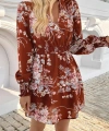 Kadın Uzun Kollu Kruvaze Yakalı çiçek Desenli Mini Süprem Elbise