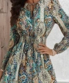 Kadın Uzun Kollu Uakadabağcıklı Beli Lastikli Desenli Uzun Süprem Elbise