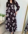 Kadın Uzun Kollu V Yakalı çiçek Desenli Maxi Süprem Elbise