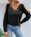 Kadın Uzun Kollu V Yakalı Omuzlardan Açık Sandy Bluz
