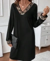 Kadın Uzun Kollu V Yakalı Pulpayet Detaylı Mini Ithal Krep Elbise