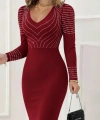 Kadın Uzun Kollu V Yakalı Taşlı Mini Ithal Krep Elbise