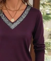 Kadın Uzun Kollu V Payet Yakalı Viskon Mürdüm Bluz