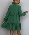 Kadın Uzun Kollu Yakadan Bağcıklı Fırfırlı Keten Mini Elbise