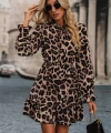 Kadın Uzun Kollu Yakadan Bağcıklı Modal Leopar Desenli Mini Elbise