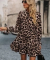 Kadın Uzun Kollu Yakadan Bağcıklı Modal Leopar Desenli Mini Elbise