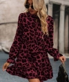 Kadın Uzun Kollu Yakadan Bağcıklı Modal Leopar Desenli Mini Elbise