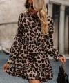 Kadın Uzun Kollu Yakadan Bağcıklı Modal Leopar Desenli Mini Elbise