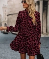 Kadın Uzun Kollu Yakadan Bağcıklı Modal Leopar Desenli Mini Elbise