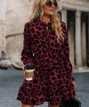 Kadın Uzun Kollu Yakadan Bağcıklı Modal Leopar Desenli Mini Elbise