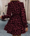 Kadın Uzun Kollu Yakadan Bağcıklı Modal Leopar Desenli Mini Elbise