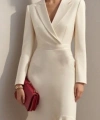 Kadın Uzun Kollu Yakalı Belden Oturtmalı Midi Ithal Krep Elbise