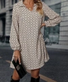 Kadın Uzun Kollu Yakalı Desenli Mini Modal Elbise