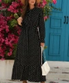 Kadın Uzun Kollu Yakası Bağcıklı Uzun Puantiyeli Krep Maxi Elbise