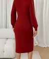 Kadın Uzun Kollu Yarı Balıkçı Yaka Tül Ve Inci Detaylı Kısa Ithal Krep Midi Elbise