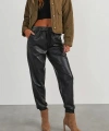 Kadın Yüksek Bel Lastikli önü Düğmeli Deri Pantolon